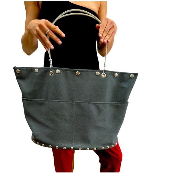 Hardware By Renee Gray Canvas Studded Tote Bag Oversized Utility Travel Bag - Picture 1 of 8